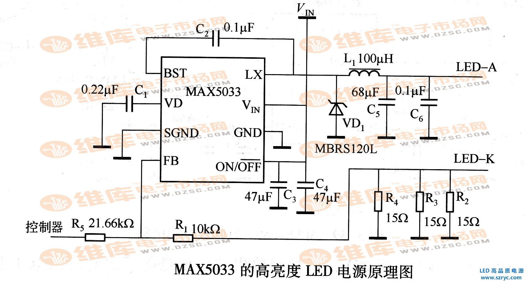 MAX5033的高亮度LED電源原理圖