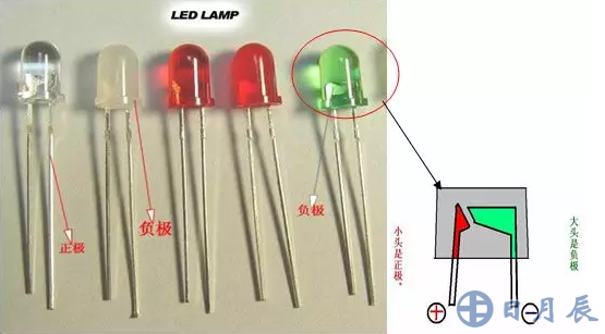 發(fā)光二極管長腳為正，短腳為負(fù)。