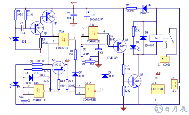 紅外接近開關(guān)電路 本例紅外接近開關(guān)電路是通過檢測發(fā)射的紅外線信號是否被發(fā)射來判斷前方是否有物體，從而控制繼電器的開關(guān)動作來控制其它電路（本例省略）。.png