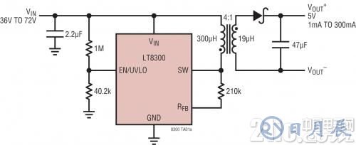 圖 1：具主端輸出電壓檢測(cè)的 LT8300 反激式轉(zhuǎn)換器